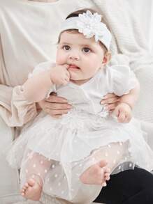 SHEIN Summer Newborn Baby Girl White Pit Stripe Short Sleeved Patchwork Three-Dimensional Flower And Mesh Dress And Headband