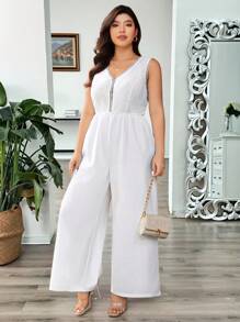 Calvaya Plus Size Women V-Neck Sleeveless Lace Patchwork Elegant Office Jumpsuit