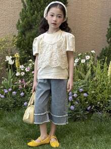 DAZY Bộ 3 món: Áo thun cổ tròn tay ngắn cho bé gái, váy có dây đeo và quần denim, mùa hè - Rửa trung bình - Xem 7