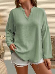 Blusa holgada de manga larga con cuello en V de unicolor para mujeres de talla grande - Verde - Ver 4