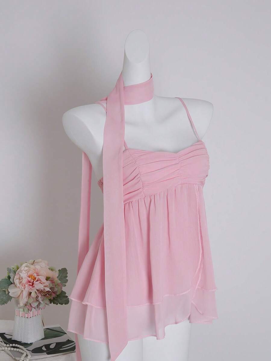 Sweetra Áo hai dây xếp ly voan trơn màu mùa hè dành cho nữ, thích hợp cho kỳ nghỉ và tiệc tùng - Hồng - Xem 1