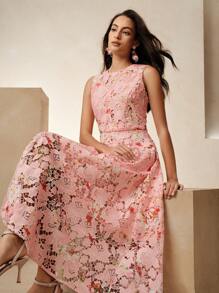 Anewsta 女士优雅无袖碎花刺绣太阳裙，适合春季、夏季、度假、约会之夜、海滩 - 粉色 - 查看 2