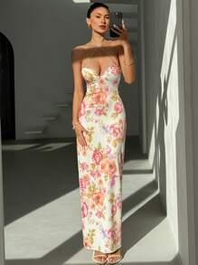 Aloruh 女士优雅性感花卉印花露背连衣裙 - 粉色 - 查看 6