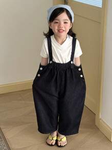 DAZY Young Girl Pleated Wide Leg Loose Casual Denim Bib Pants, Spring/Summer - Blue - View 2