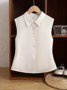 SHEIN 青少年女孩休闲修身无袖收腰白衬衫，返校季 - 白色 - 查看 4