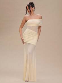 SHEIN BAE Vestito lungo con spalle scoperte, plissettato, in organza color albicocca, sexy e trasparente per donne, adatto per party, cerimonie, vacanze