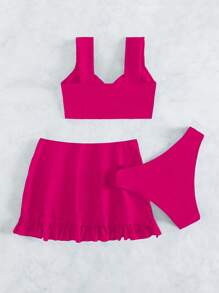 SHEIN Swim Women Summer Beach Solid Color Twist Design 2pcs Bikini Set With Coverup & Mini Skirt - Hot Pink - View 3