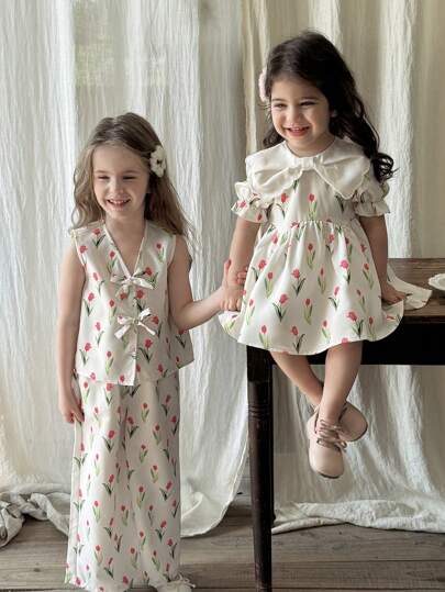 SHEIN LMoss Kids Babygirl 可爱优雅花卉印花领短袖连衣裙，夏季