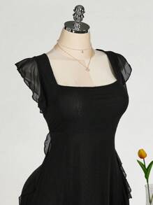 SHEIN ICON Plus Size Square Neck Ruffle Hem Fitted Dress, Wedding Party Formal Attire, Spring Wedding Guest Romantic Outfit - Black - View 5
