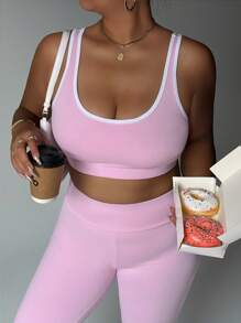 Easithlete Plus Size Women Contrast Color Trim Cropped Tank Top And Pants Sports Suit - Pink - View 5