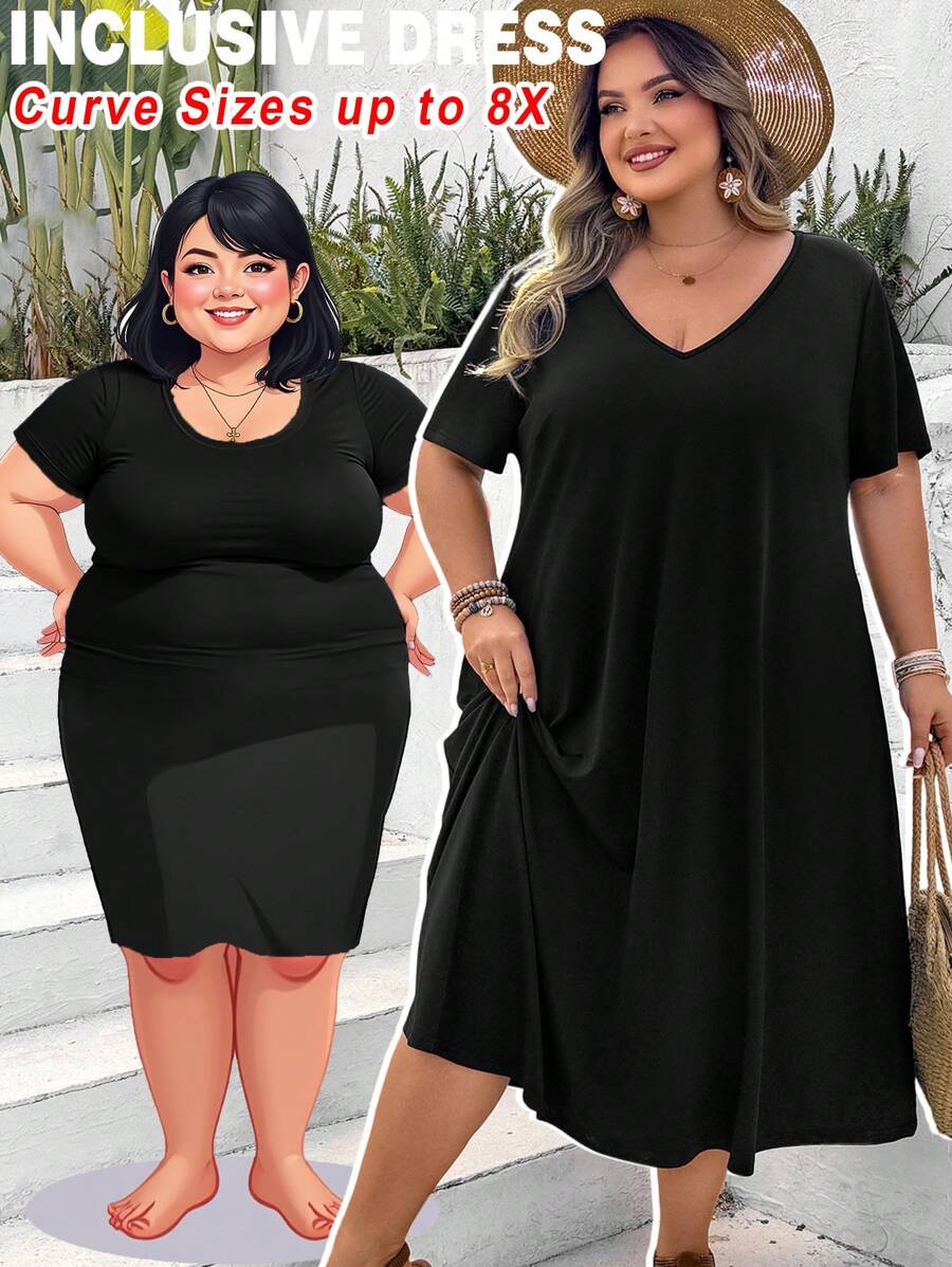 SHEIN CURVE+ Plus Size V-Neck Side Slit Short Sleeve Maxi Knit Dress, Stretchy & Comfy