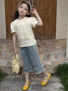 DAZY Bộ 3 món: Áo thun cổ tròn tay ngắn cho bé gái, váy có dây đeo và quần denim, mùa hè - Rửa trung bình - Xem 4