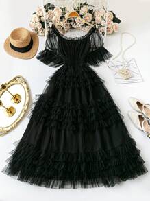 DreamSkyne 优雅浪漫束腰露肩度假网眼连衣裙，大码女式，适合派对、婚礼、夏季 - 黑色 - 查看 1