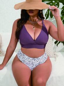 Swim Lushoire 2pcs Plus Size Women Random Print Spaghetti Strap Bikini Set, Fashionable Casual Holiday Swimwear - Multicolor - View 5