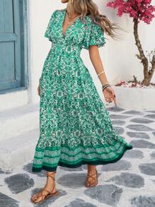 EMERY ROSE 女式法式通勤休闲度假蓝白花卉 V 领收腰 A 字喇叭袖长裙，春夏 - 綠色 - 查看 3