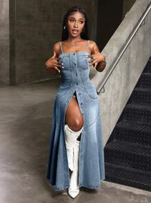 Slaydiva Abito a bretelle di jeans casual da donna, minimalista e alla moda, adatto per l'estate