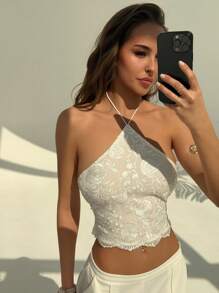 Aloruh Romantic Sexy White Backless Lace Top For Wedding Season,Rave Top