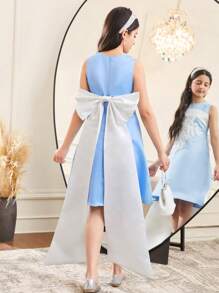 SHEIN Vestido formal elegante sin mangas con cuello redondo y lazo en la espalda para niña preadolescente - Celeste - Ver 6
