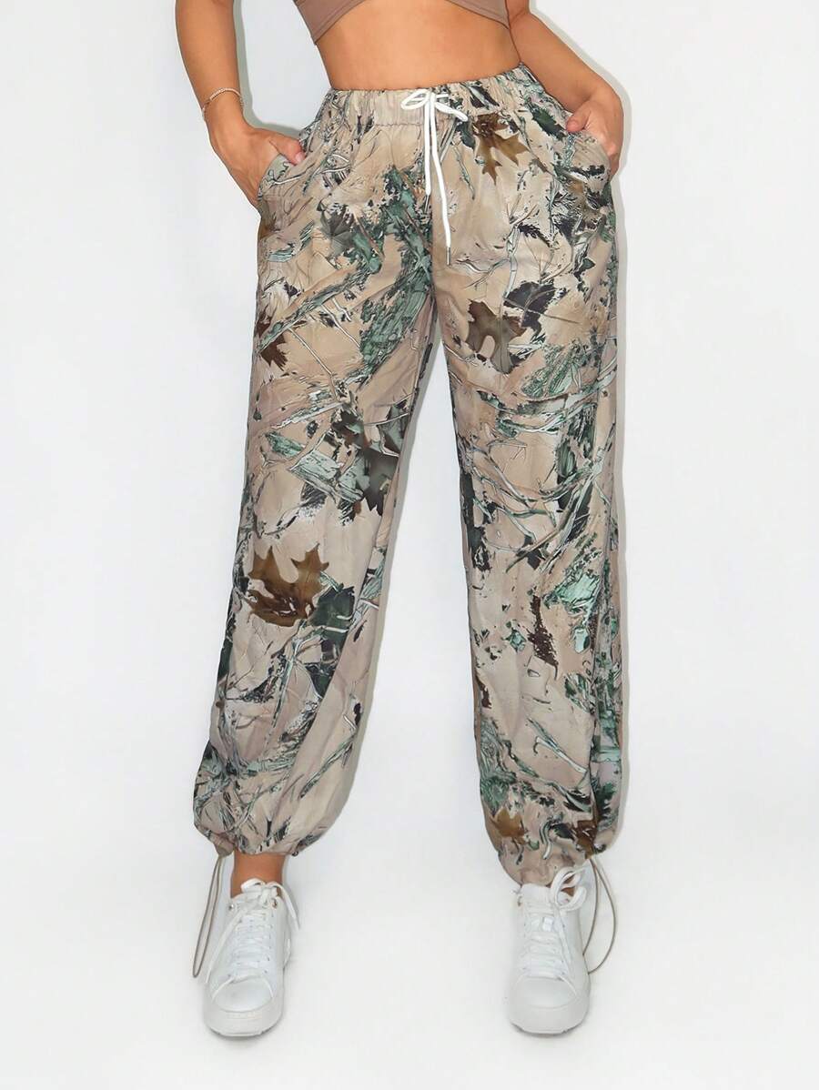 Zolique Women's Leaf Print Drawstring Waist Pants Fall Cloth For Women - Multicolor - View 1