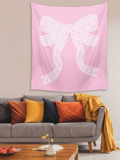 Kawaii 1 pièce Tapisserie en polyester avec motif nœud papillon incrusté de strass, convient pour la décoration murale du salon, chambre à coucher, camping, tapis pour toutes les saisons 893168