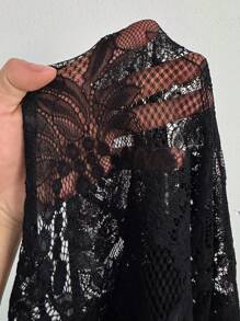 Flirla Plus Size Women's Bowknot Gather Ruffle Mesh Lace A-Line Sheer Summer Party/Date Top - Black - View 8