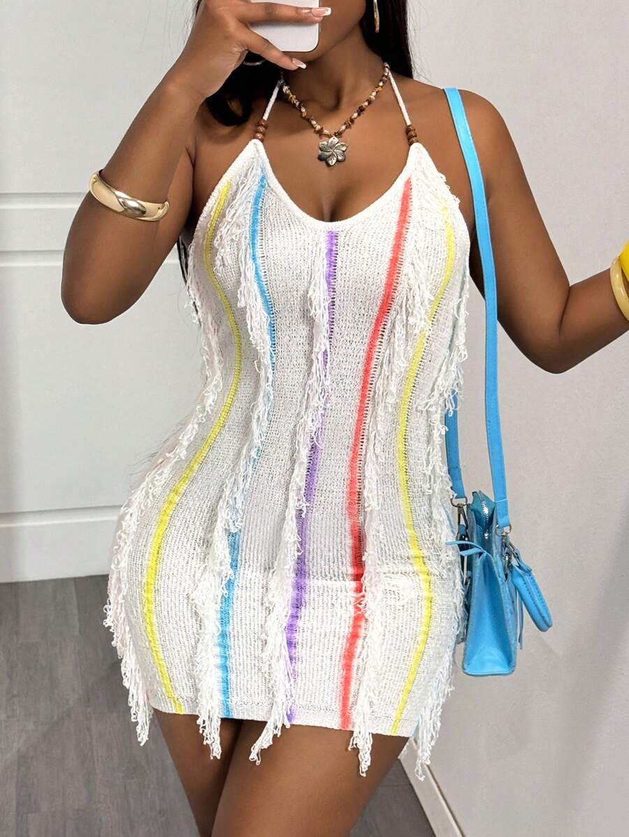 Slaydiva Nouvelle arrivée été 2025, Robe tricotée polyvalente à volants, perles, rayures de couleur, nœud au cou, dos nu sexy pour femmes, idéale pour festival de musique, Pâques, style western, nomade, Saint-Patrick, anniversaire, remise des diplômes, étudiant, usage quotidien décontracté, loisirs, croisière, plage, bronzage