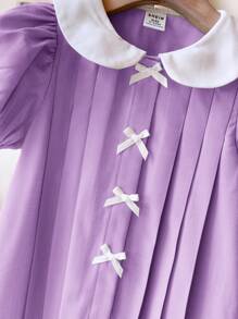 SHEIN Cute Babygirl Purple Peter Pan Collar Bowknot Short Sleeve Dress, Summer - Purple - View 3