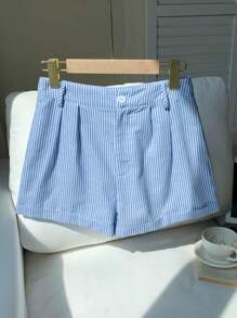 SHEIN Tall CURVE Women's Casual Blue And White Striped Mini Shorts With Zipper Detail And Cuffed Hem - Blue and White - View 6