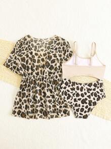 1pc Young Girl Printed One-Piece Swimsuit With Cover Up - Champagne - View 2