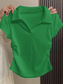 SHEIN Essnce 女士 V 领短袖 T 恤，夏季设计肩部贴身短款 Polo 衫，休闲修身款