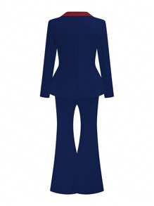 SHEIN Clasi Plus Size Women Rose Embellished Color Block 3/4 Sleeve Blazer & Long Pants Set, Elegant Office Wear - Multicolor - View 2