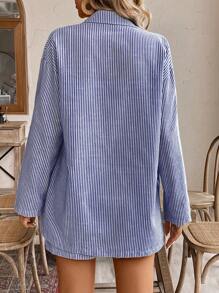 SHEIN Frenchy 女士条纹卷袖衬衫和短裤休闲两件套 - 藍色 - 查看 2