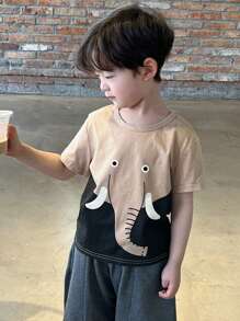 DAZY Camiseta de manga corta con cuello redondo, estampada, de punto para niño, de verano - Albaricoque - Ver 2