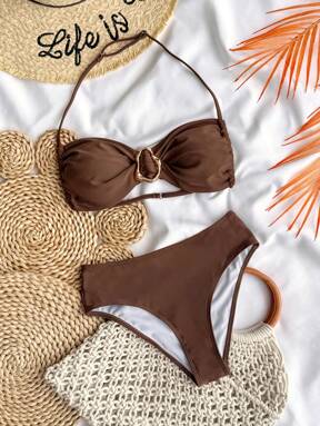 SHEIN Teen Girl Solid Color Strapless Tie Metallic Jewelry Bikini Set For Summer, Bathing Suit Set /Beach Girl Outfit/ Swim Suits Two Pieces/ Bathing Suits For Teens Bikini Set