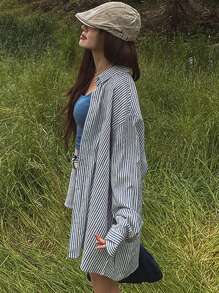 DAZY Blusa casual y versátil de mujer con mangas raglán largas y holgadas a rayas - Azul Marino - Ver 2