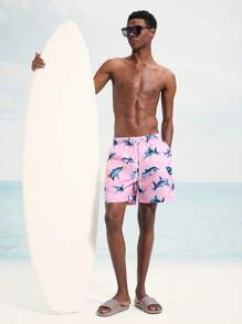 Surfspeed Men's Shark Print Drawstring Waist Beach Shorts - Pink - View 6