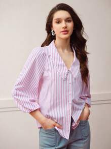 MOTF PREMIUM STRIPED FAUX PEARL BUTTON BLOUSE