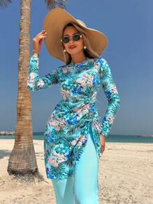 Swim Mulvari Women's Conservative Beach Vacation Plant Leaf Print Long Sleeve Top And Long Pants Burkini Set For Summer - Multicolor - View 7