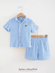 Cozy Pixies 2 件套男童套装 - 纯色 Polo 领短袖开衫和松紧腰短裤 - 淺藍色 - 查看 3