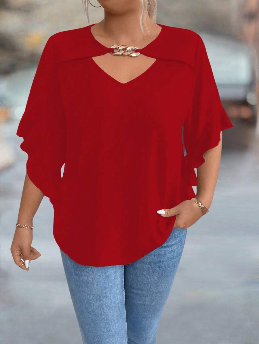 SHEIN Clasi Plus Size Hollow Out Collar Ruffle Sleeve Solid Color Blouse - Red - View 1