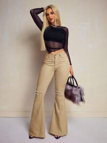 SHEIN SXY Casual Washed Ripped Slim Fit Flare Leg Jeans - Khaki - View 5