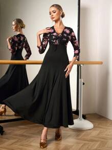 Dansine Women's Sexy Dance Dress With Large Floral Print, Mesh Patchwork And Extra-Wide Skirt