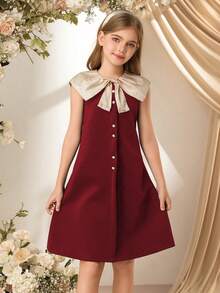 SHEIN 青少年女孩蝴蝶结领口通勤日常连衣裙