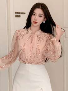 DAZY Women's Elegant Pleated Sequin Decorated Tie Front Long Sleeve Blouse, Summer Luxury - Pink - View 4
