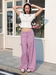 SHEIN EZwear 女士休闲修身弹力短袖印花 T 恤，白色 - 白色 - 查看 2