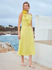 MOTF PREMIUM WOMEN'S LINEN STEREO FLORAL RUFFLED HEM ONE SHOULDER MIDI DRESS, SUMMER VACATION - Yellow - View 6