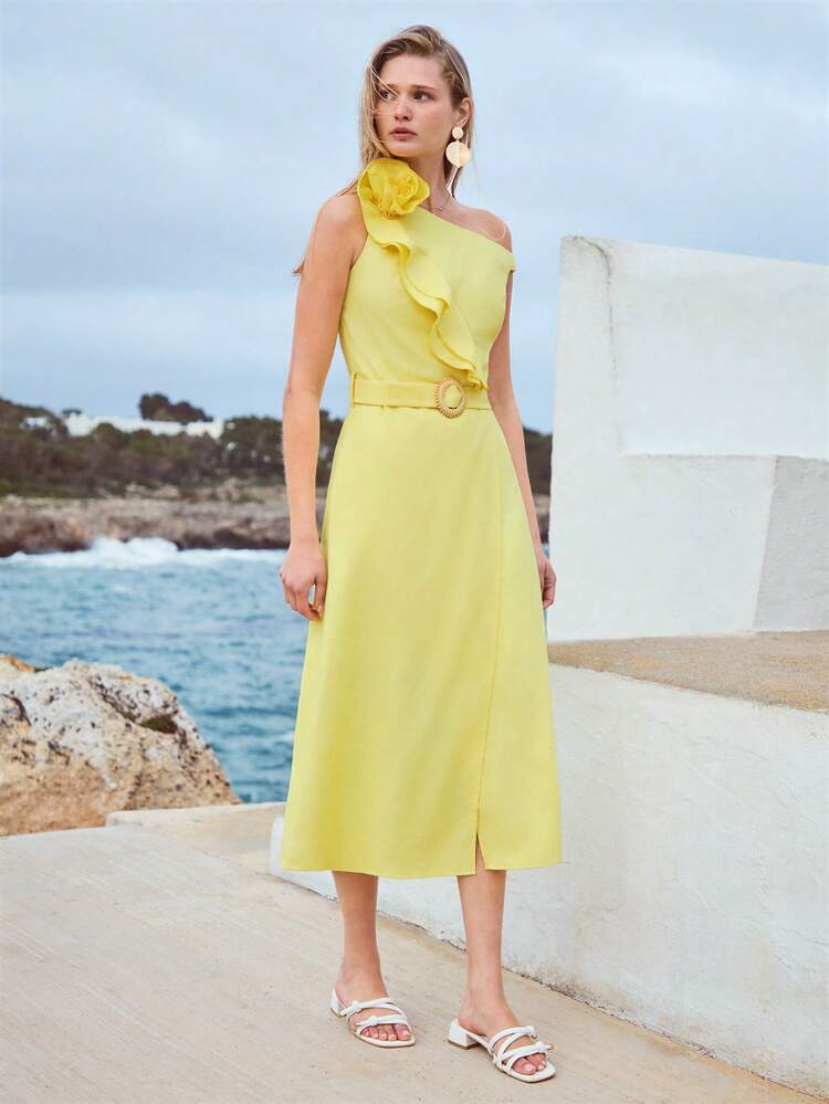 WOMEN'S LINEN STEREO FLORAL RUFFLED HEM ONE SHOULDER MIDI DRESS, SUMMER VACATION