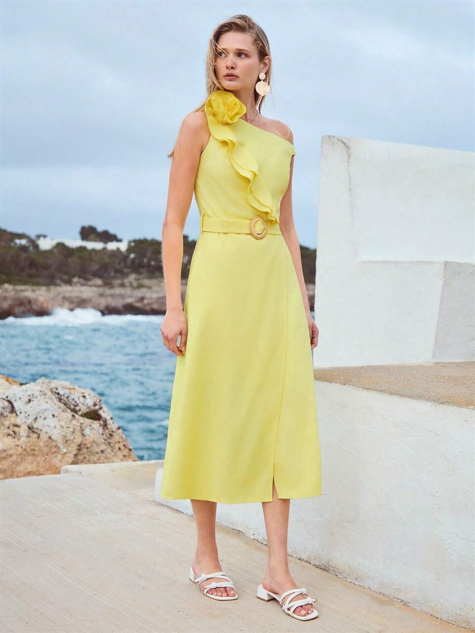WOMEN'S LINEN STEREO FLORAL RUFFLED HEM ONE SHOULDER MIDI DRESS, SUMMER VACATION