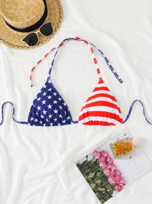 Swim Vcay Plus Size Women 4th Of July USA Flag Print Halter Tie Up Bikini Top, Sexy Fashion For Beach & Pool For Summer Beach Vacation - Multicolor - View 1