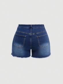 SHEIN MOD Quần short denim co giãn cỡ lớn cho nữ, rách, màu xanh lam giản dị - Rửa tối - Xem 2